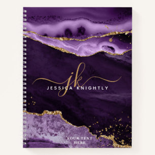Modern Purple Agate Gold Glitter Script Monogram Notebook