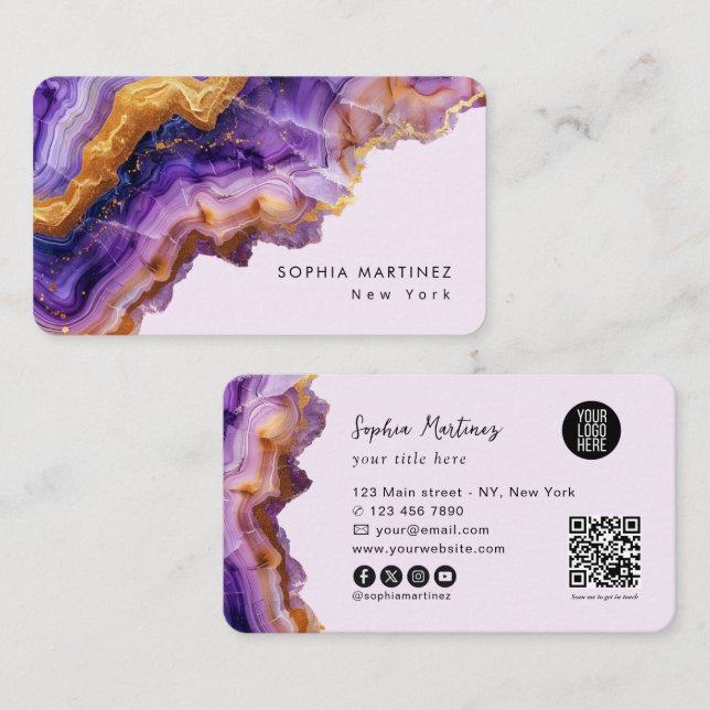 Modern Purple Agate gold marble & QR Code Logo Business Card (Front/Back)