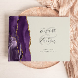 Modern Purple Agate Gold Script Ivory Guest Book