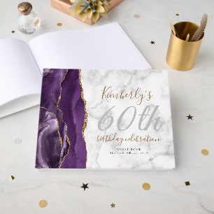 Modern Purple Agate Gold Script Marble Birthday Guest Book