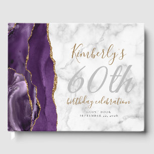 Modern Purple Agate Gold Script Marble Birthday Guest Book