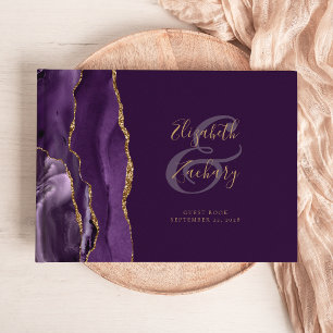 Modern Purple Agate Gold Script Plum Guest Book