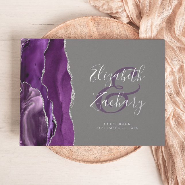 Modern Purple Agate Silver Script Grey Guest Book (Creator Uploaded)