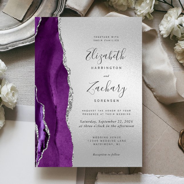 Modern Purple Agate Silver Wedding Invitation (Creator Uploaded)