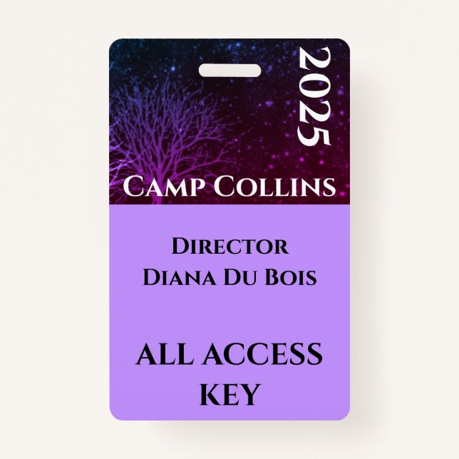 Modern Purple and Black Rustic Camp Staff Badge ID Badge (Front)