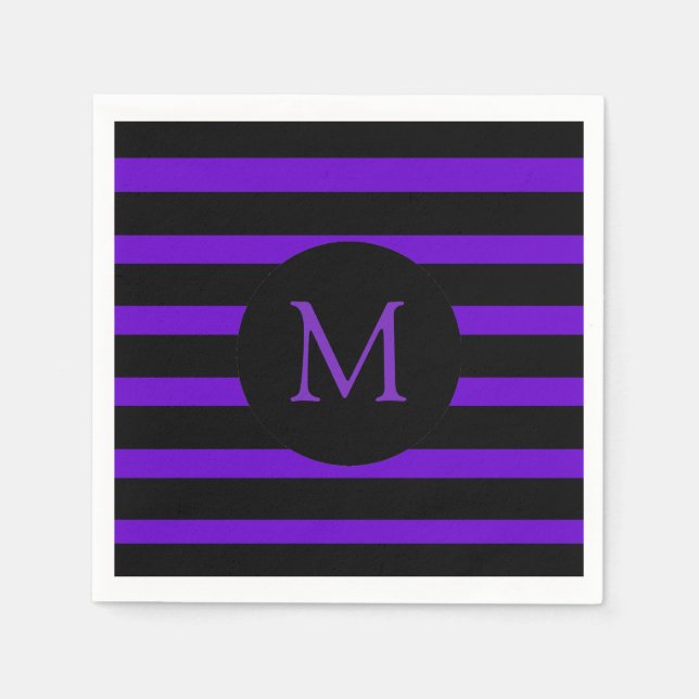 Modern Purple and Black Stripes Monogram Napkin (Front)