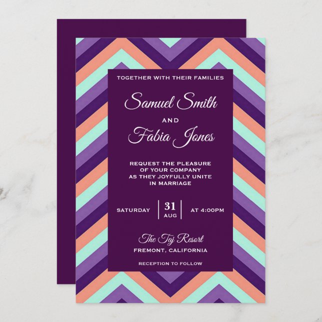 Modern Purple and Coral Chevron Wedding Invitation (Front/Back)