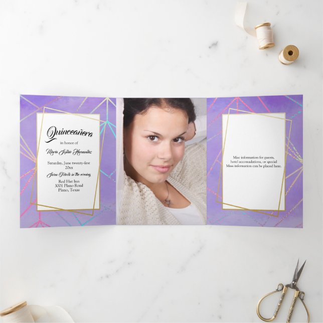 Modern Purple and Custom Photo Quinceañera Tri-Fold Invitation (Inside)