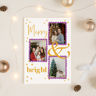 Modern Purple and Gold 3 Photo Merry and Bright Holiday Card