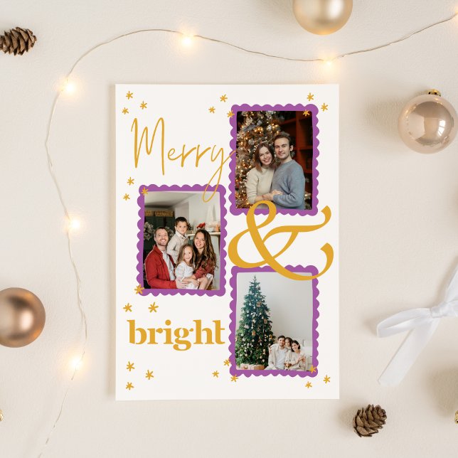 Modern Purple and Gold 3 Photo Merry and Bright Holiday Card (Creator Uploaded)