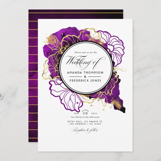 Modern Purple and Gold Abstract Floral Wedding Inv Invitation (Front/Back)