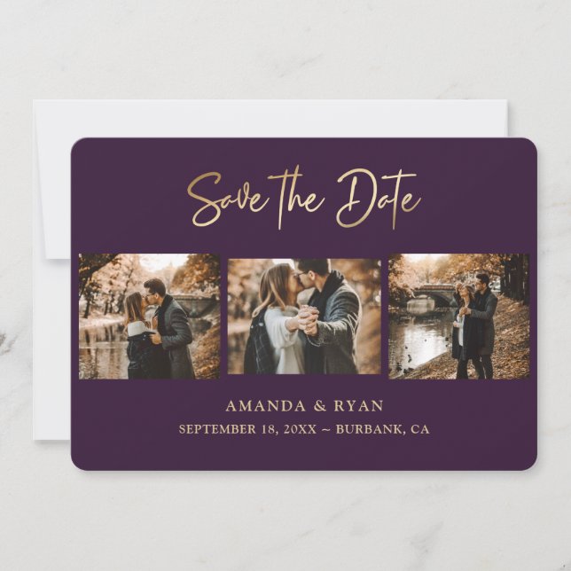 Modern Purple and Gold Foil Wedding 3 Photo Save The Date (Front)
