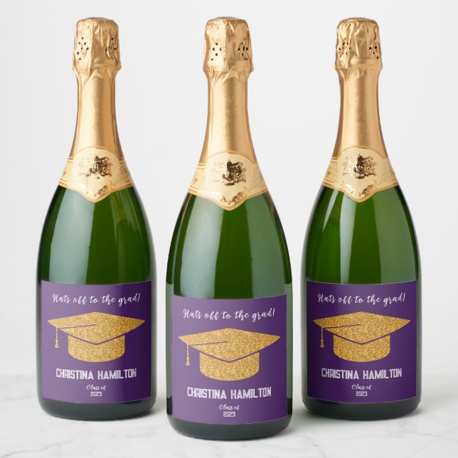 Modern Purple and Gold Graduation Cap Sparkling Wine Label (Bottles)