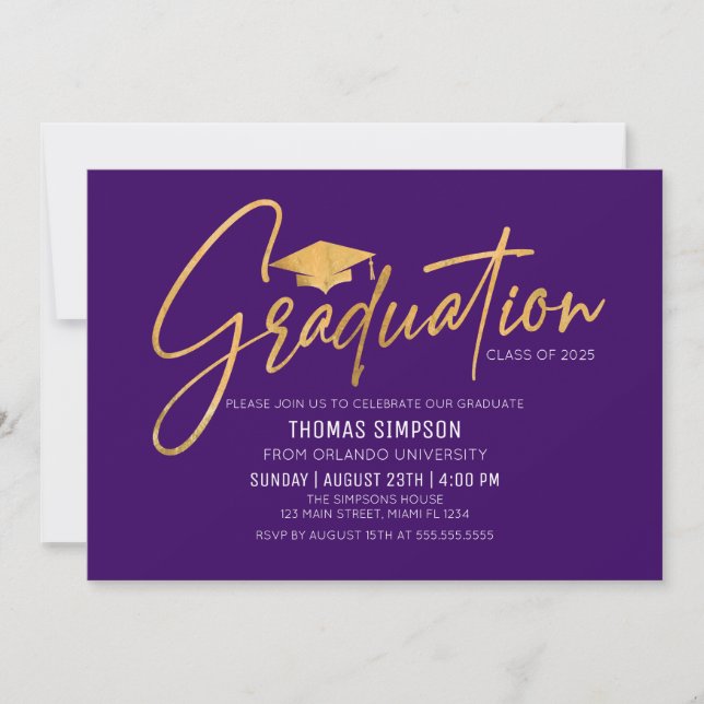 Modern purple and gold Graduation Invitation (Front)