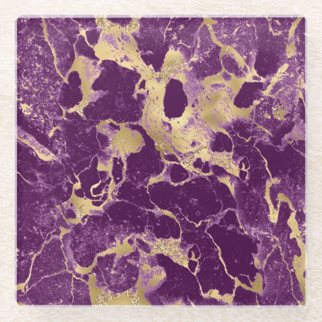 Modern Purple and Gold Marble Pattern Glass Coaster (Front)