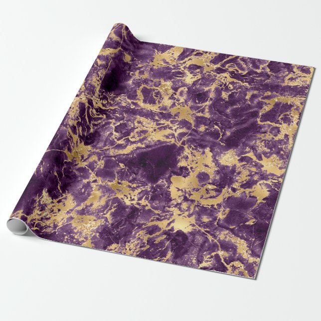 Modern Purple and Gold Marble Pattern Wrapping Paper (Unrolled)