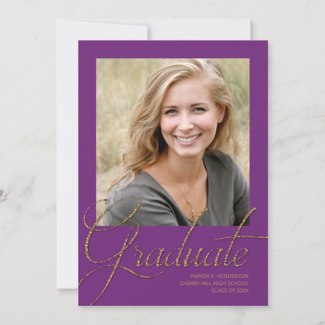 Modern Purple and Gold Minimalist Photo Graduation Invitation (Front)