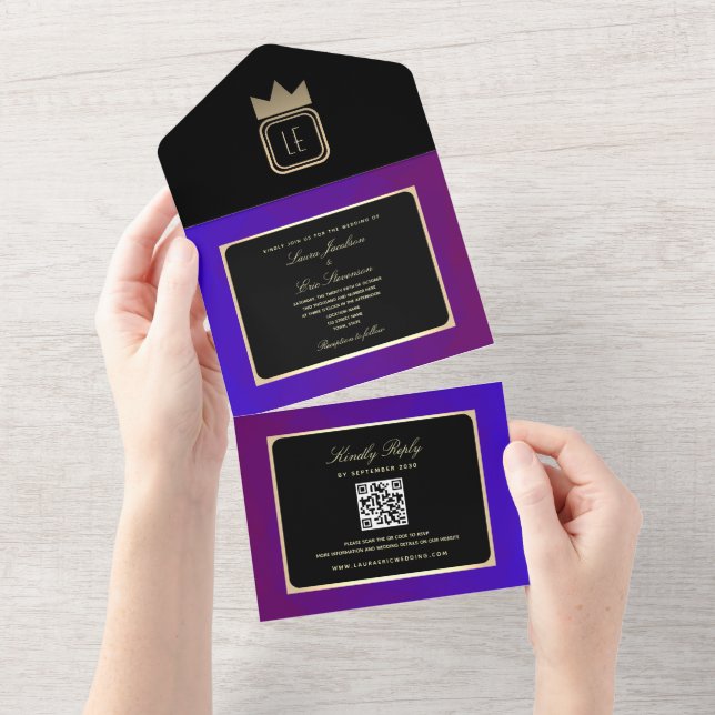 Modern Purple and Gold Monogram Wedding All In One Invitation (Tearaway)