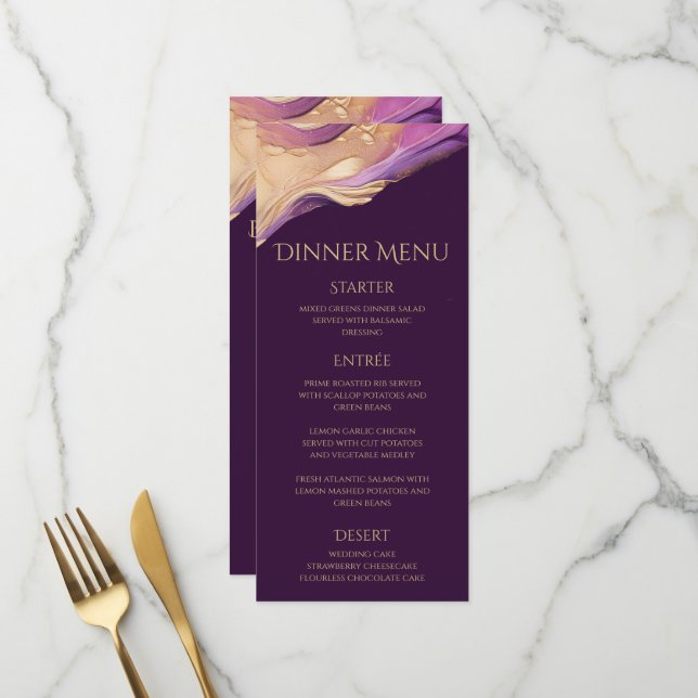 Modern Purple and Gold Wedding Dinner & Bar Menu (Front/Back In Situ)