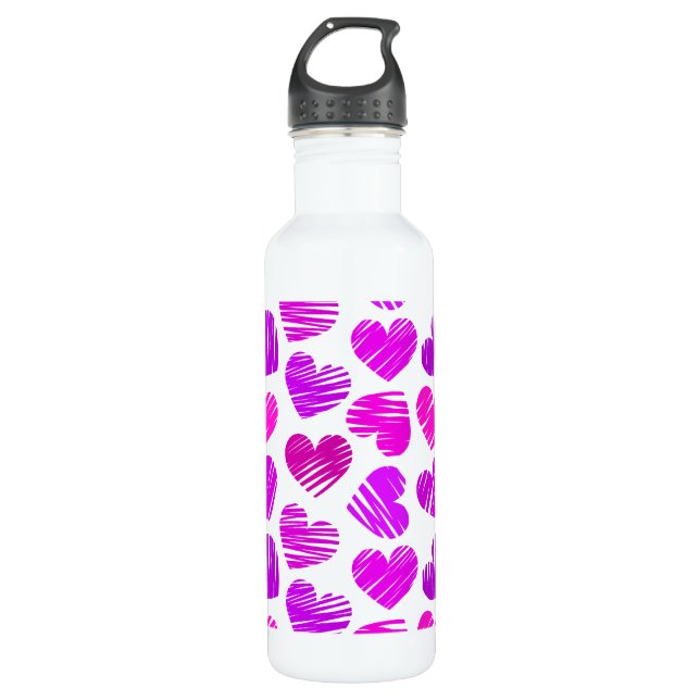 Modern Purple and Pink Doodled Hearts Valentine 710 Ml Water Bottle (Front)