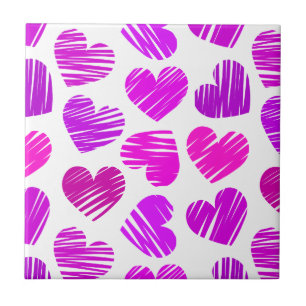 Modern Purple and Pink Doodled Hearts Valentine Ceramic Tile