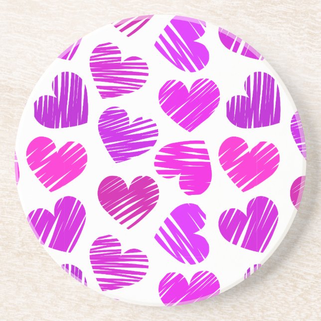 Modern Purple and Pink Doodled Hearts Valentine Coaster (Front)