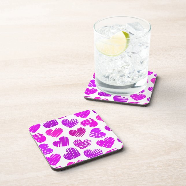 Modern Purple and Pink Doodled Hearts Valentine Coaster (Right Side)