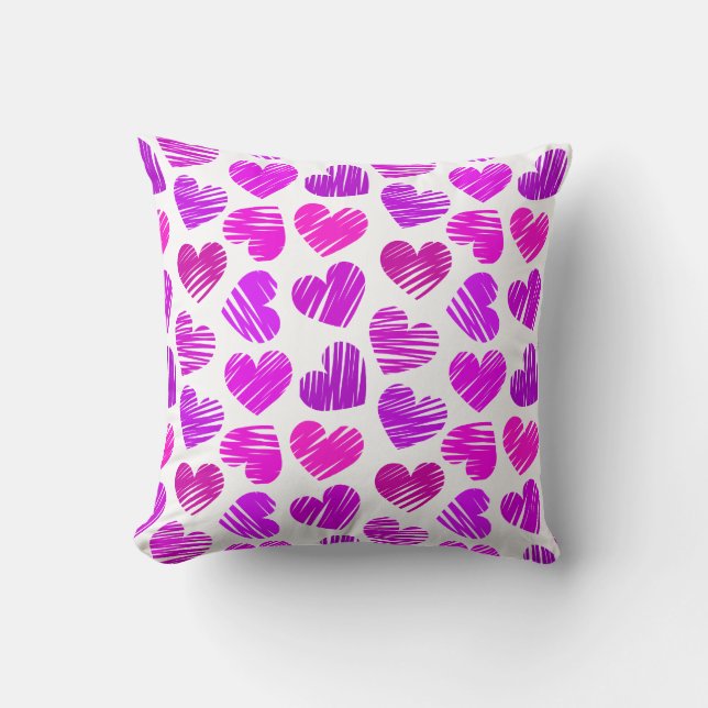 Modern Purple and Pink Doodled Hearts Valentine Cushion (Front)
