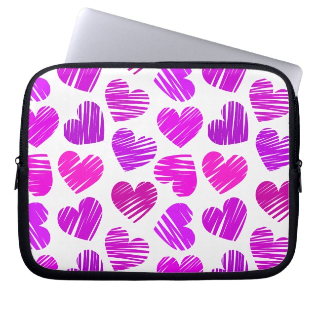 Modern Purple and Pink Doodled Hearts Valentine Laptop Sleeve (Front)