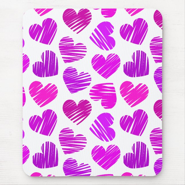 Modern Purple and Pink Doodled Hearts Valentine Mouse Pad (Front)