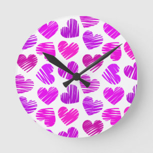Modern Purple and Pink Doodled Hearts Valentine Round Clock