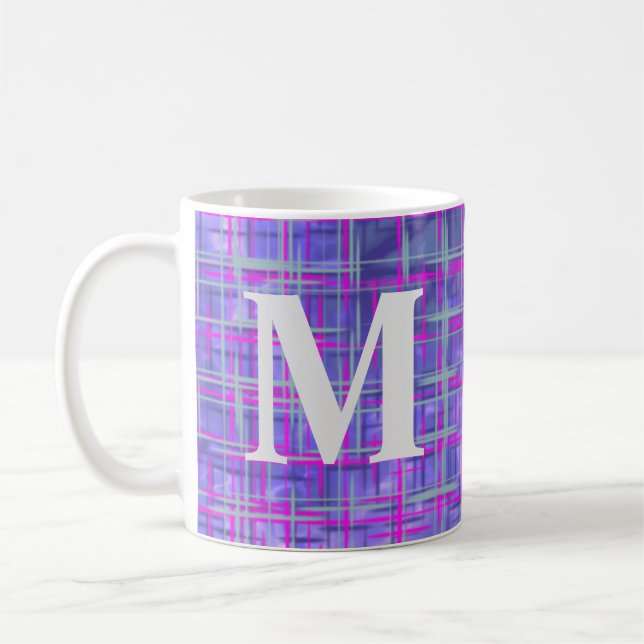 Modern purple and pink grid lines abstract coffee mug (Left)