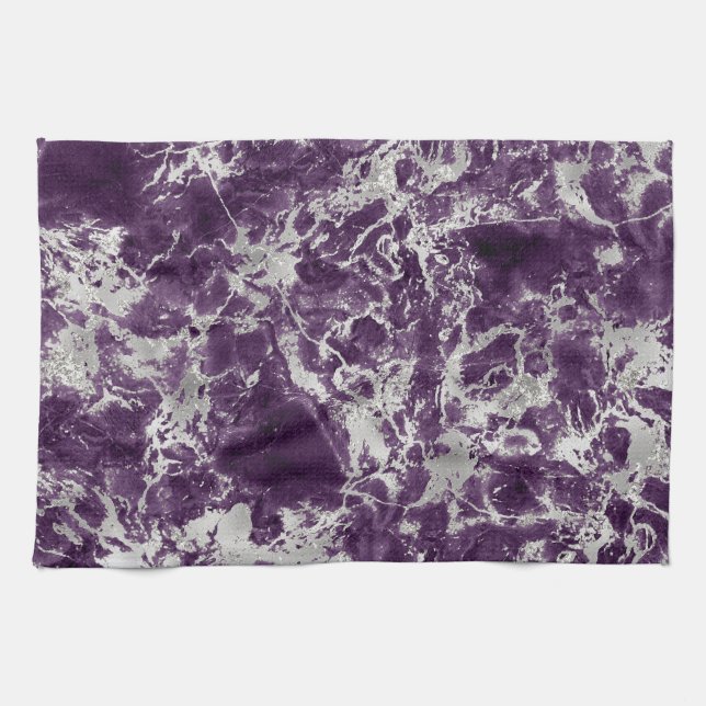 Modern Purple and Silver Marble Pattern Tea Towel (Horizontal)
