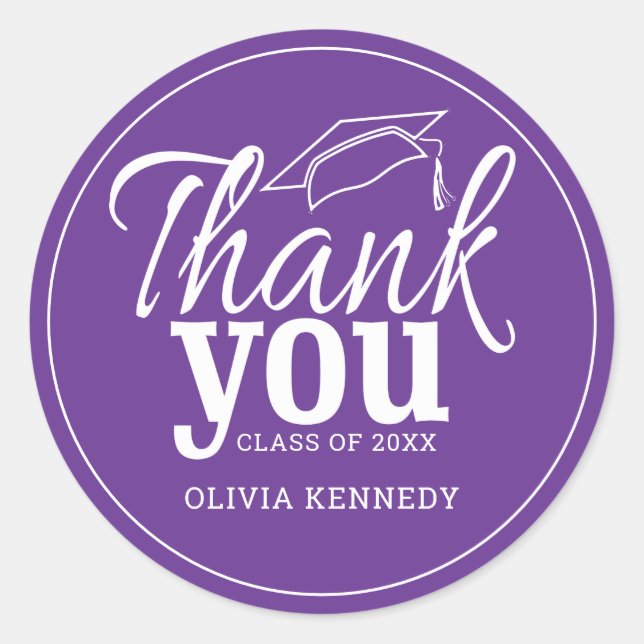 Modern Purple And White Graduation Thank You  Classic Round Sticker (Front)