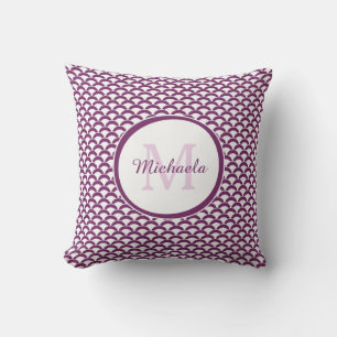 Modern Purple and White Scallops Monogram and Name Cushion