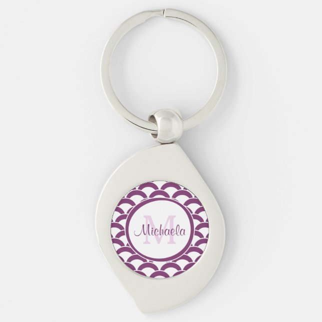 Modern Purple and White Scallops Monogram and Name Key Ring (Front)