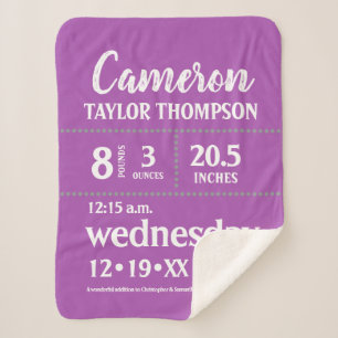Modern Purple Baby birth Stat Nursery Sherpa Blanket