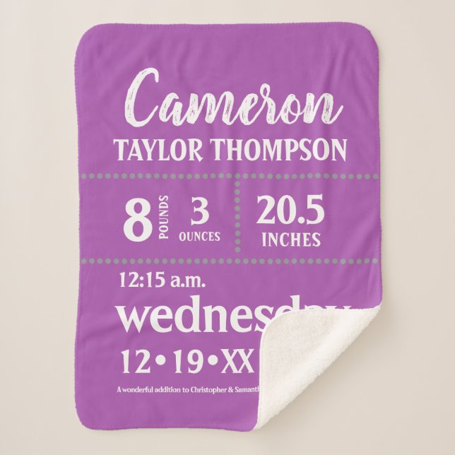 Modern Purple Baby birth Stat Nursery Sherpa Blanket (Front)