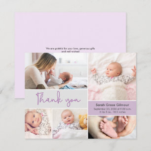 Modern Purple Baby girl Custom photo collage Thank You Card