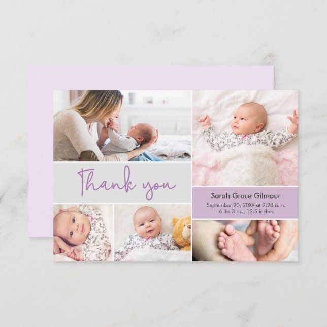 Modern Purple Baby girl Custom photo collage Thank You Card (Front/Back)