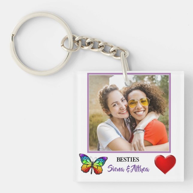 Modern Purple Best Friends Picture & Name  Key Ring (Front)