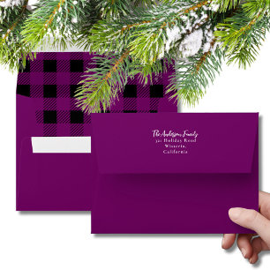 Modern Purple & Black Christmas Buffalo Plaid Envelope