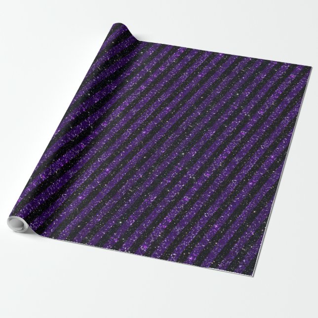 Modern Purple Black Glitter Stripes Pattern Wrapping Paper (Unrolled)