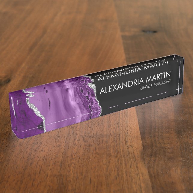 Modern Purple Black Silver Marble Agate Name Title Nameplate (Side)