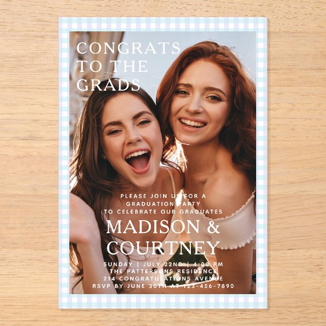 Modern Purple Blue Gingham Photo Graduation Party Acrylic Invitations (Front)