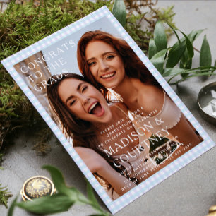 Modern Purple Blue Gingham Photo Graduation Party Invitation