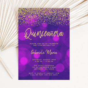 Modern Purple Bokeh Gold Glitter Quinceanera Invitation