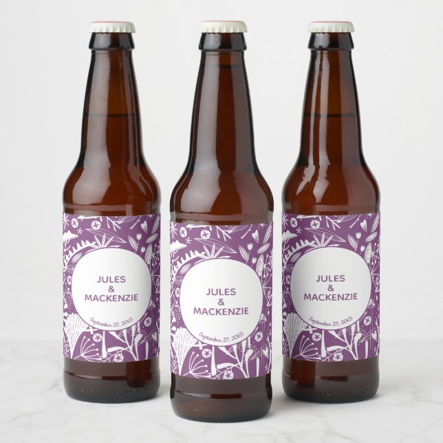 Modern Purple Botanical Wedding Beer Bottle Label (Bottles)