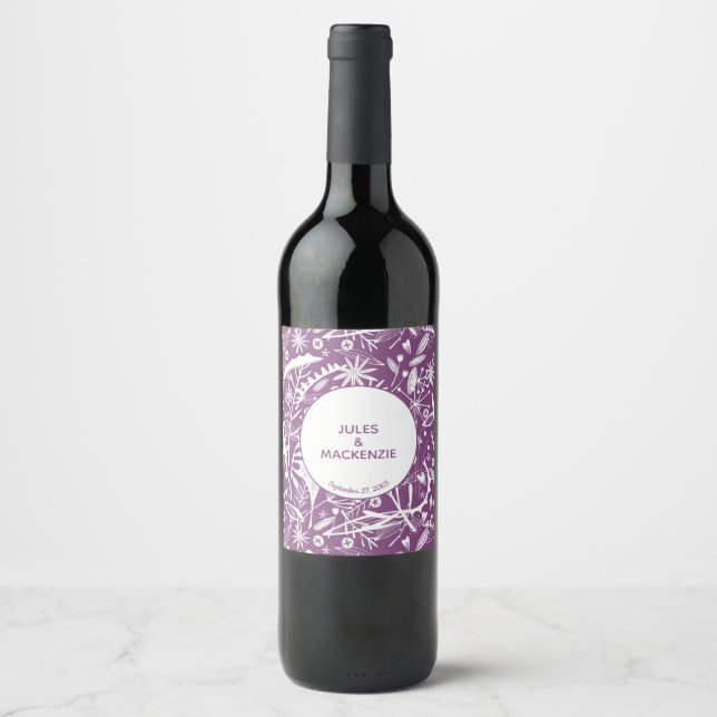 Modern Purple Botanical Wedding Wine Label (Front)