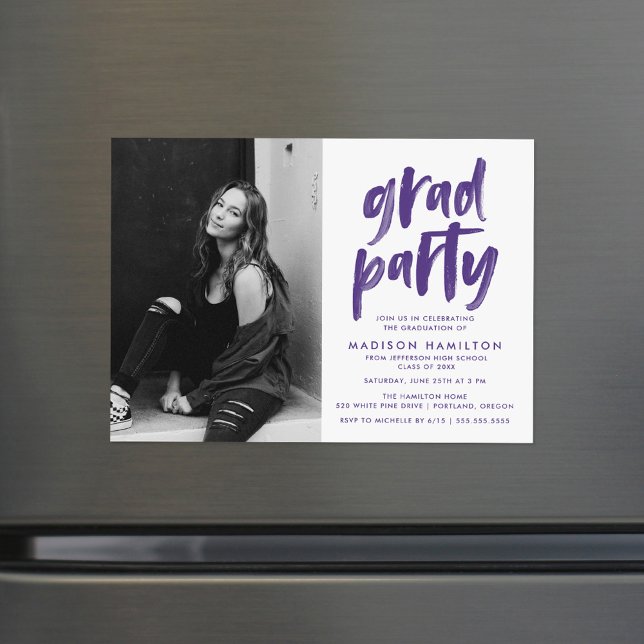 Modern Purple Brush Script Photo Graduation Party Magnetic Invitation (Creator Uploaded)